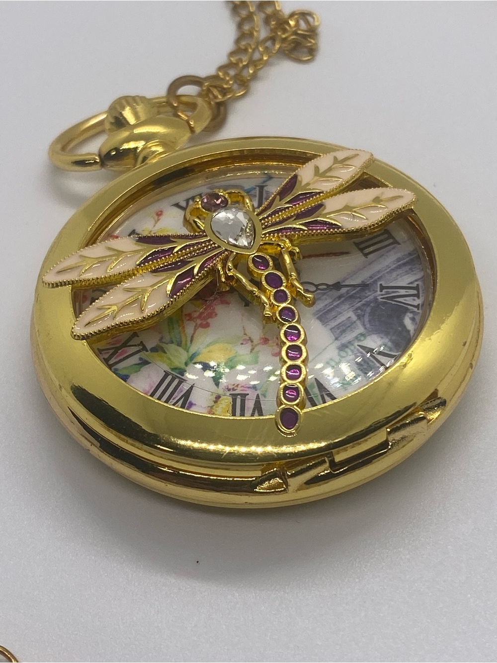 Gold Pocket Watch Pendant with Enamel Dragonfly Accent